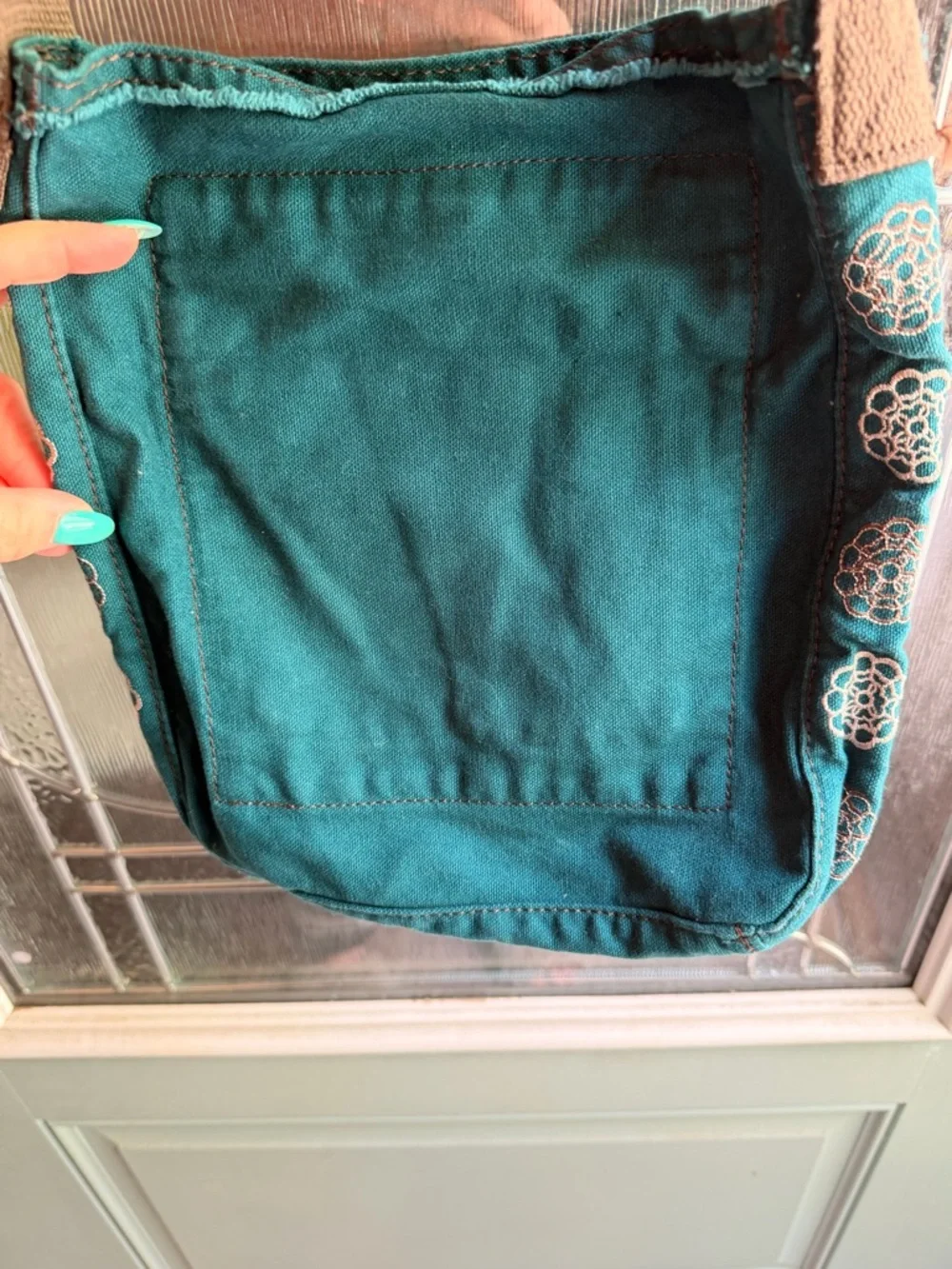 Thirty-One Retro Metro cottagecore floral teal bag with brown strap - Picture 7 of 8